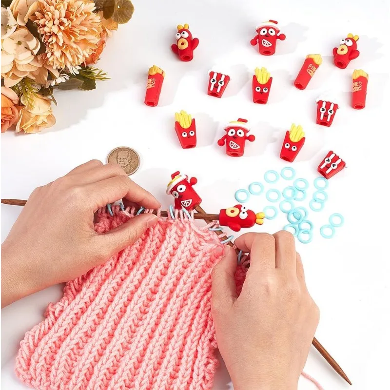 20 Pcs 5 Styles Knitting Needle Stoppers and 50 Pcs Plastic Knitting Stitch Marker Rings Fast Food Theme Silicone Knitting