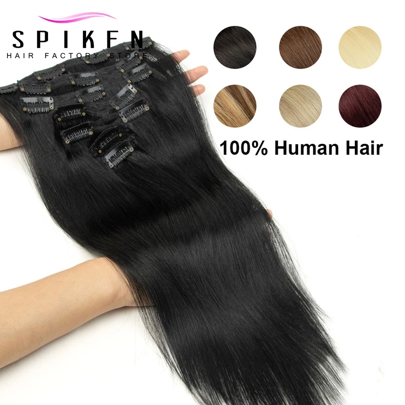 SPIKFN 1# Jet Black Clip in 100 % Human Hair Natural Extensions 12-24 inches Machine Remy Clip Hair Full Head 7pcs/set 