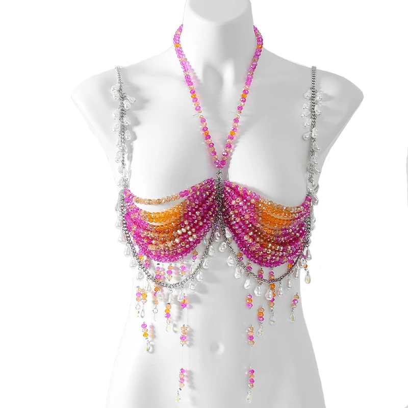 2026 New Arrival Women Body Jewelry for Festival Handmade Crystal Bralette With Tassel Dangles Beaded Halter Body Chain Bra
