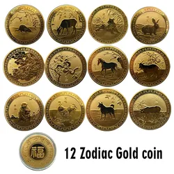 10pcs/lot Chinese Feng Shui 12 Zodiac Gold Plated Coin Tiger Dragon Rabbit Horse Animal Commemorative Coins For New Year