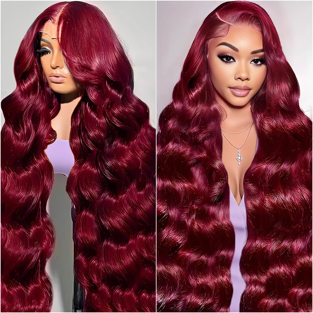

40-дюймовый парик из натуральных волос 99J Burgundy Body Wig с прозрачной HD-основой 13x4, 220% плотности, красный цвет, бразильские волосы для женщин
