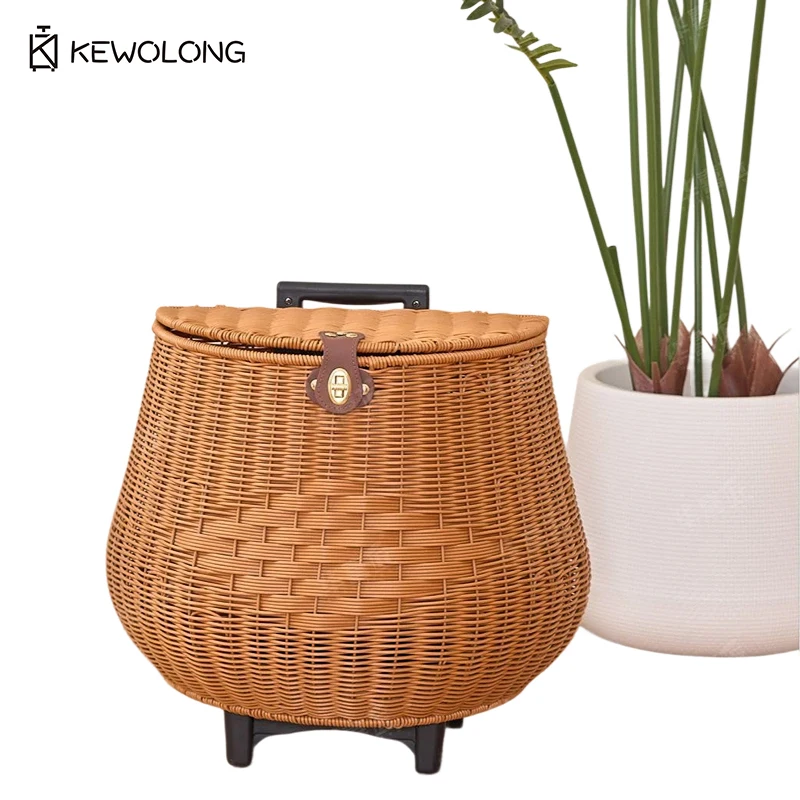 

Flip Top Rolling Picnic Basket, Rattan Style Large Capacity Storage Suitcase with Wheels, Outdoor Grocery Prop Luggage