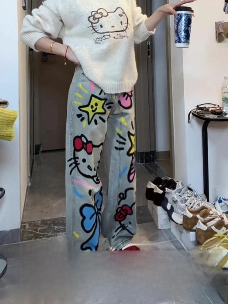 플러스 사이즈 만화 패턴 디자인 청바지 여성용 루즈 스트레이트 레그 팬츠 가을 겨울 신상 캐주얼 하이웨이스트 와이드 레그 청바지