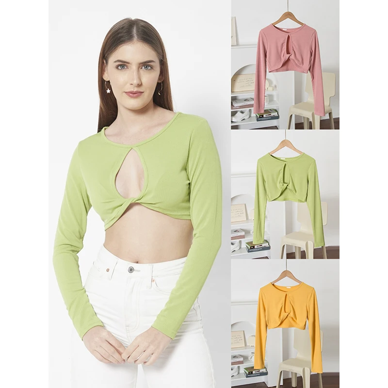 

Сексуальная футболка American Hot Girl ort Pure Color Long Sve Knot Top, женская базовая футболка с вырезом, женская футболка Faion