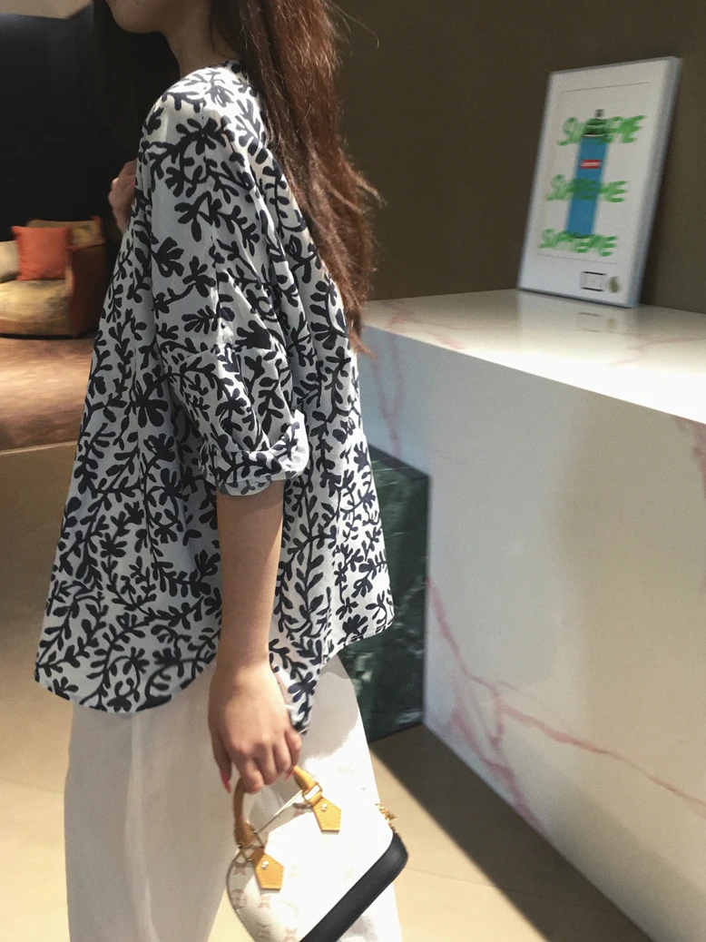 

Шелково-хлопковая женская рубашка Cuijia с круглым вырезом, свободного кроя, с принтом «водные травы», в повседневном стиле, дышащая и комфортная