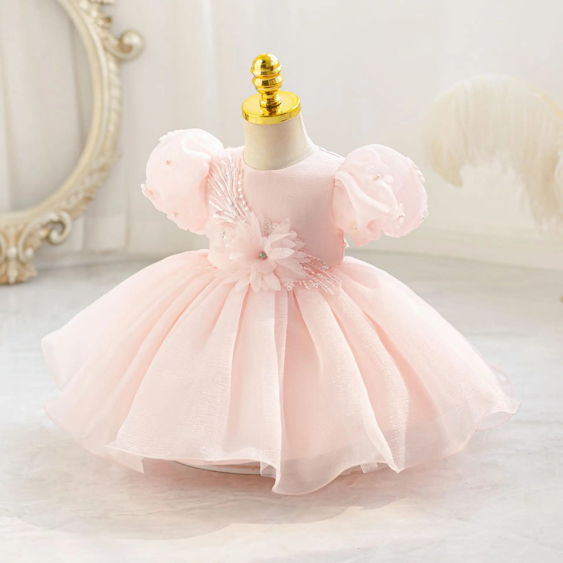 New Birthday First Birthday Dress Cute Sweet Puff Sleeve Beauty Pageant Clothing Baby One Year Old Baptism 0-4 Year Old Children