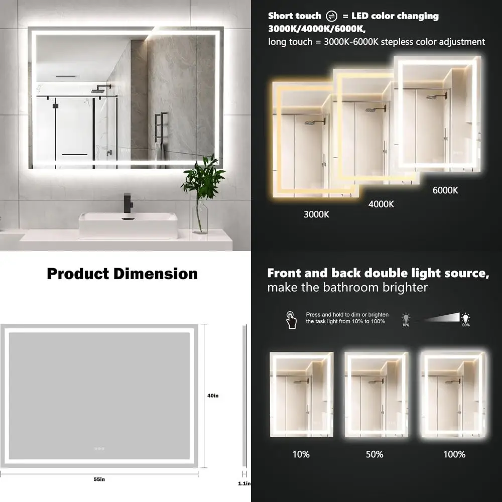 กระจกแต่งหน้าแบบมีไฟ LED ขนาด 55x40 นิ้ว พร้อมคุณสมบัติป้องกันฝ้าและปรับความสว่างได้ ติดผนังสำหรับใช้ในห้องน้ำ