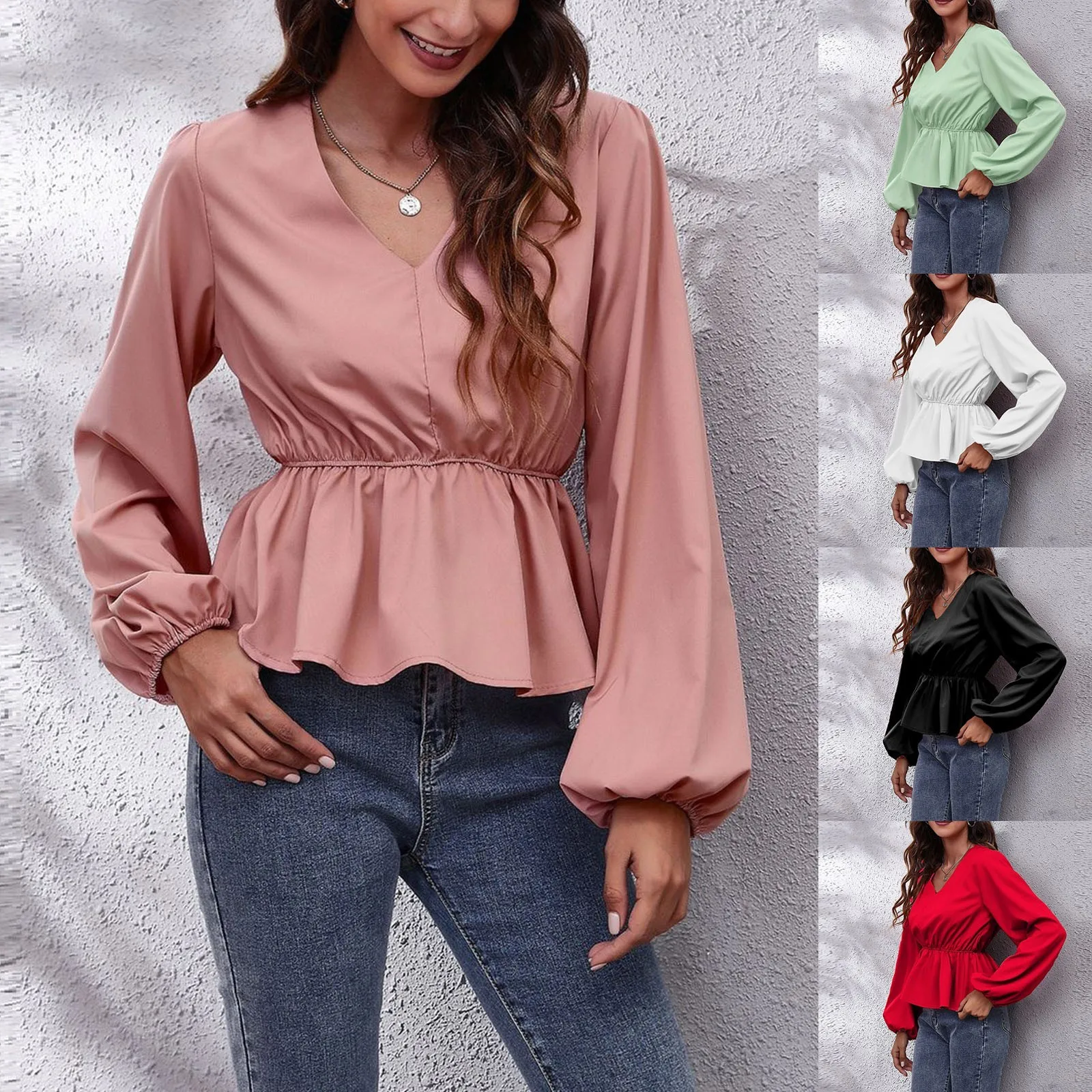 Spring Autumn Crossover Deep V Neck Pullover Shirt Women Skinny Waist Loose Long Sleeve Blouse Female Daily Commuter Casual Tops