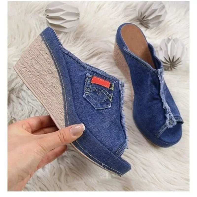 2024 Hot Sell Women Shoes Summer New Cowboy Slippers Fashion Retro Wedge Platform Beach Shoes Female Peep High Heels Sandalias