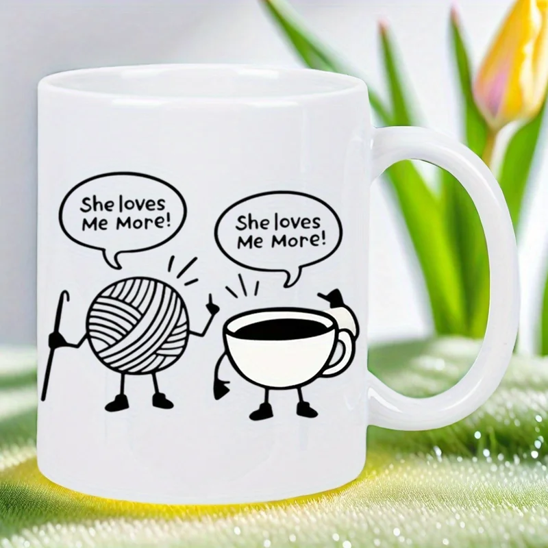 

Funny Coffee vs. Tea Ceramic Mug - "She Loves Me More" Humorous Gift for Coffee Lovers, White Reusable Cup with Hand Wash Only D
