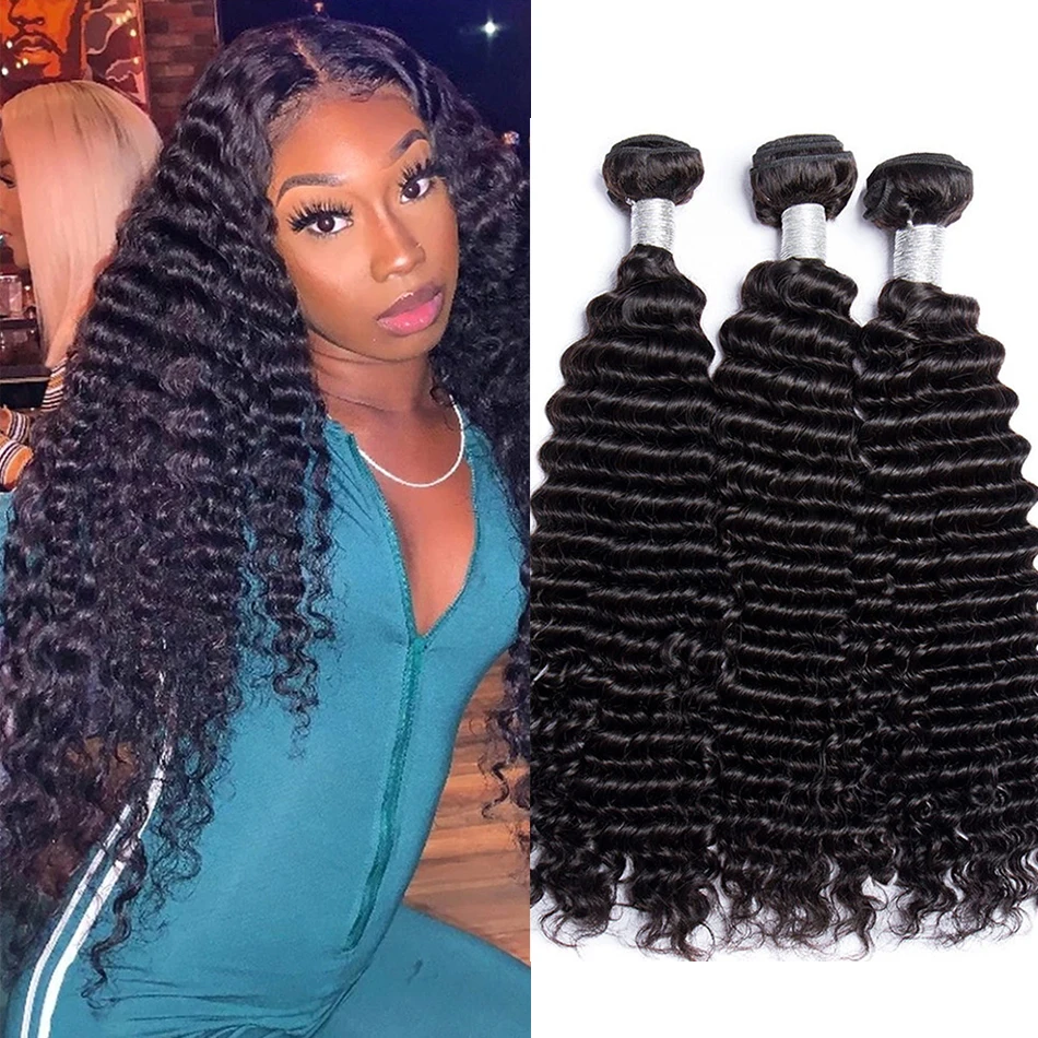 Deep Wave 2 3 4 Bundles Curly Wave Bundles 30 40 Inch Natural Black Color 1B 100% Human Hair Brazilian Hair Extensions