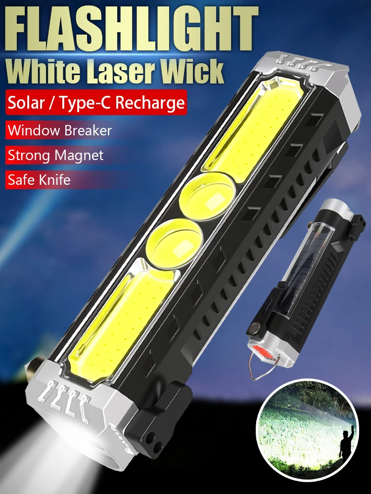 Lampe de poche solaire rechargeable EDC, lampe LED étanche à haute luminosité, lampe de travail magnétique avec brise-vitre et coupe, camping et randonnée