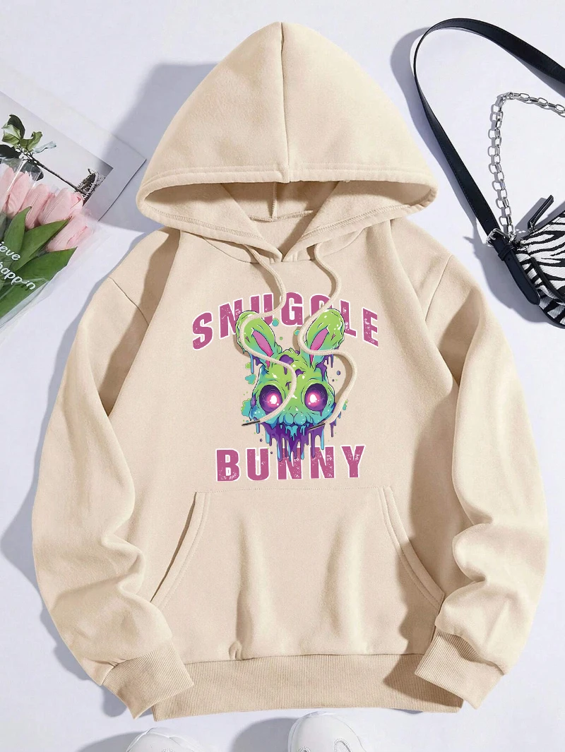 Snuggle Bunny Hoodies Womens Funny Manga Printing Sportswear Pocket Loose Fleece Warm Tops Winter Comfortable Womans Clothing