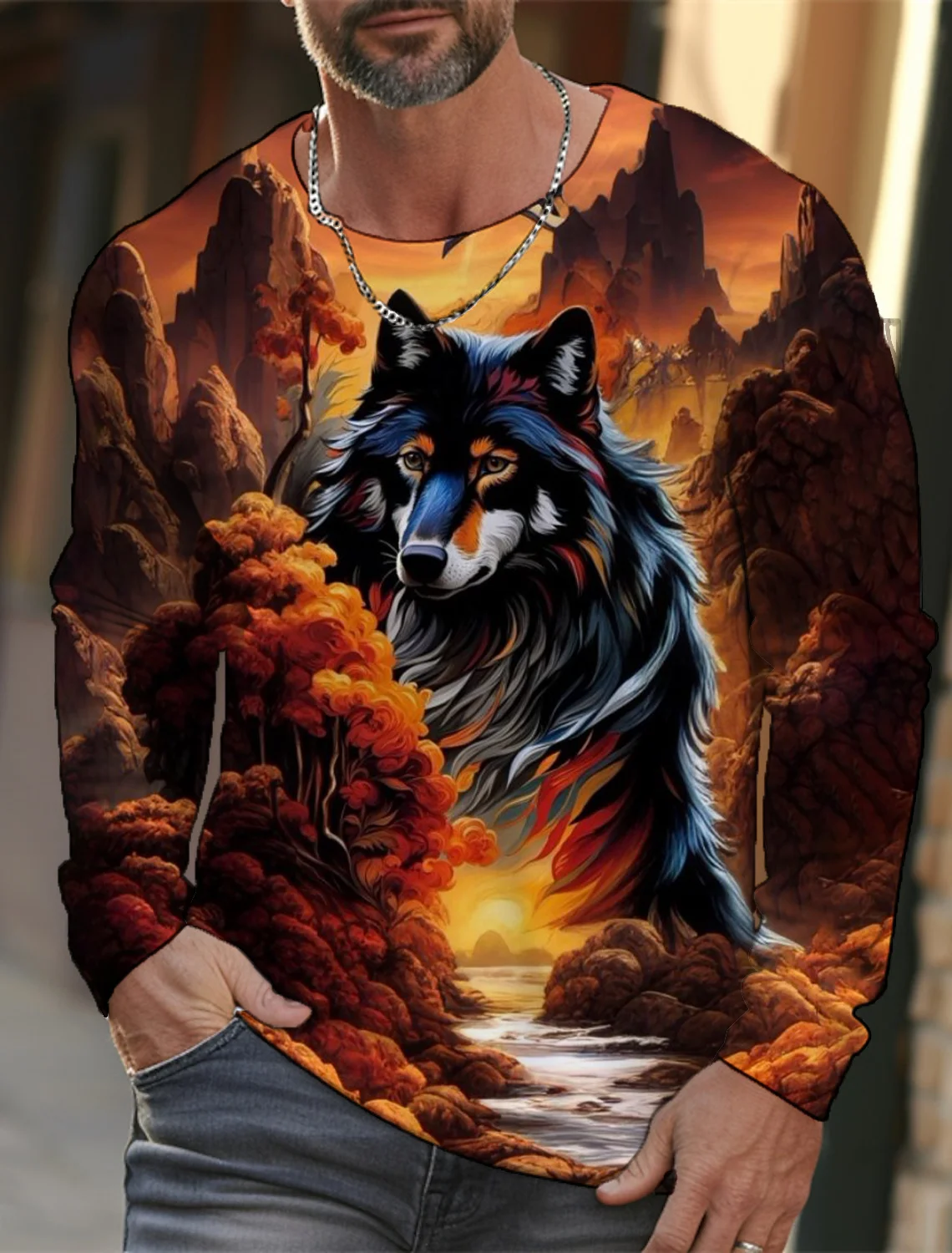 Vintage Fierce Animal Wolf 3D Printed Men's Crew Neck T-Shirt Casual Long Sleeve Oversized Pullover Fashion Men's Clothing