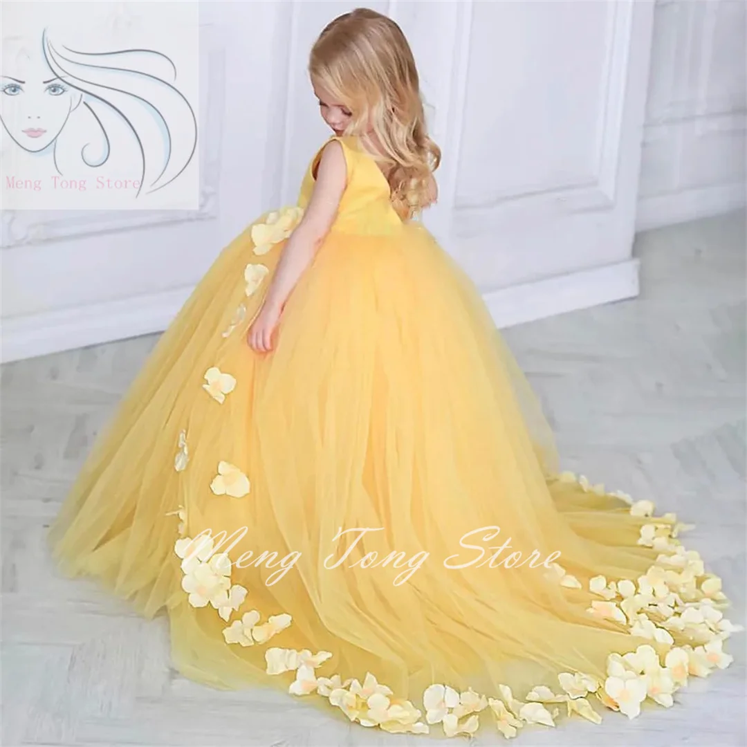 Vestido amarelo Puffy Flower Girl para crianças, Applique brilhante, concurso, primeira comunhão, festa de aniversário, casamento, vestidos de baile