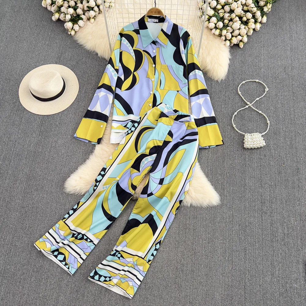 European And American Fashion Women Pajamas Set Loose And Thin Lapel Printed Long-sleeved Wide-leg Pants 2-piece Set Pijama Suit