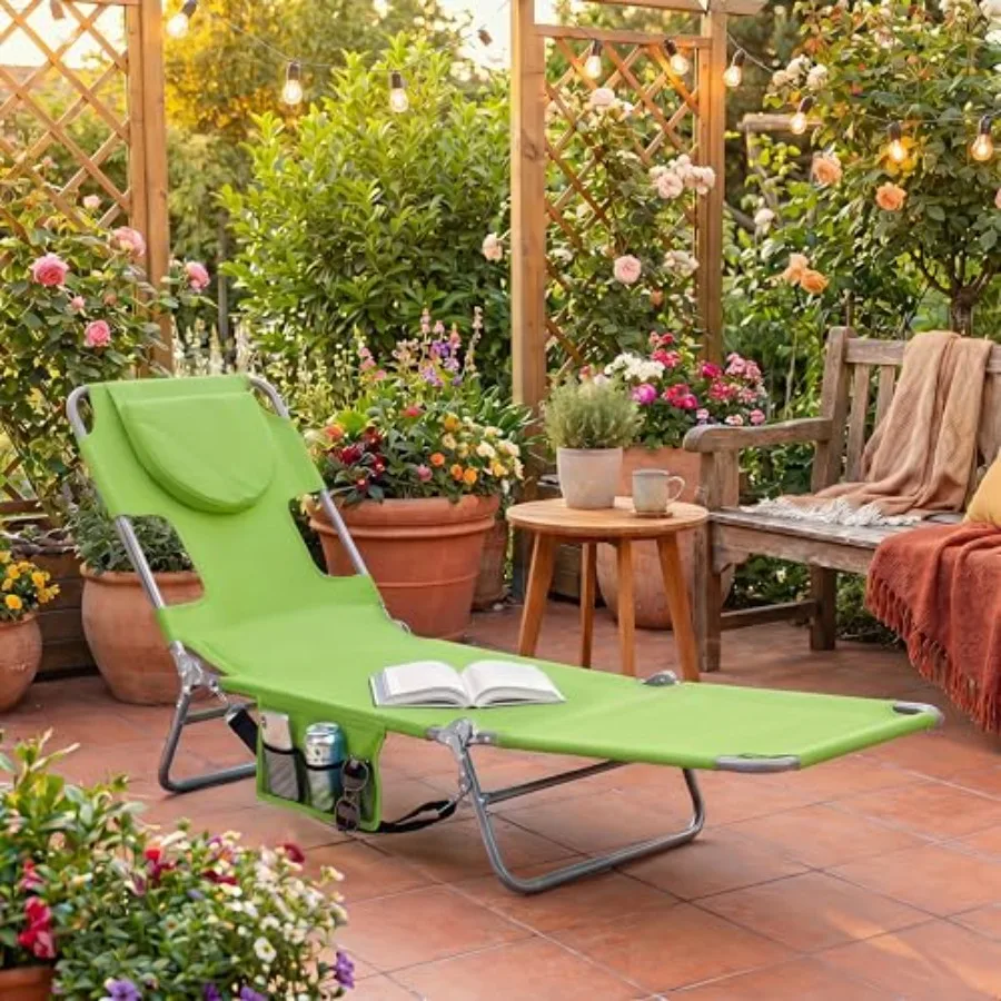 Sunbathing poolside tanning chair, durable polyester fabric, green, 330lbs capacity with face/shoulder/arm holes, adjustable ba