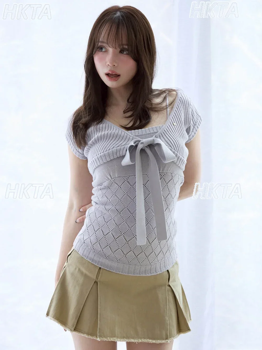 

Japanese Style Autumn Short Sleeved V Neck Knitted Pullovers Women Sweet Bow Lace Up Rhombus Hollow Slim Sweater Tshirt Top