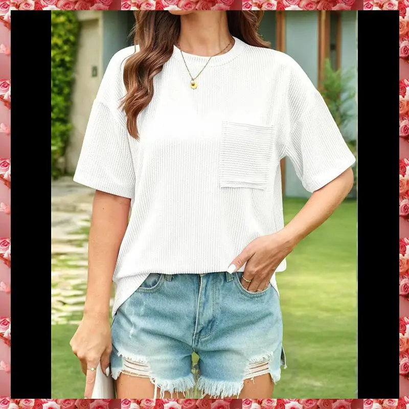 Dames zomertopjes met korte mouwen Oversized ronde hals Getextureerde blouse Casual Basic Tuniek T-shirt