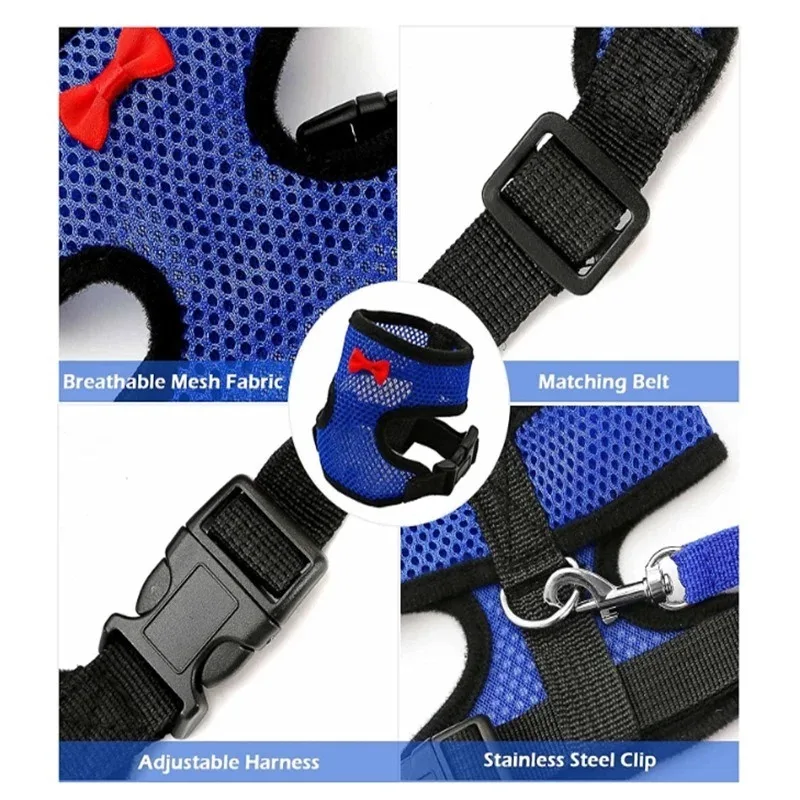 

Fashion Mesh Pet Harness Vest Set with Bow Collar Breathable Leash for Small Dogs Cats Poultry Comfortable Adjustable