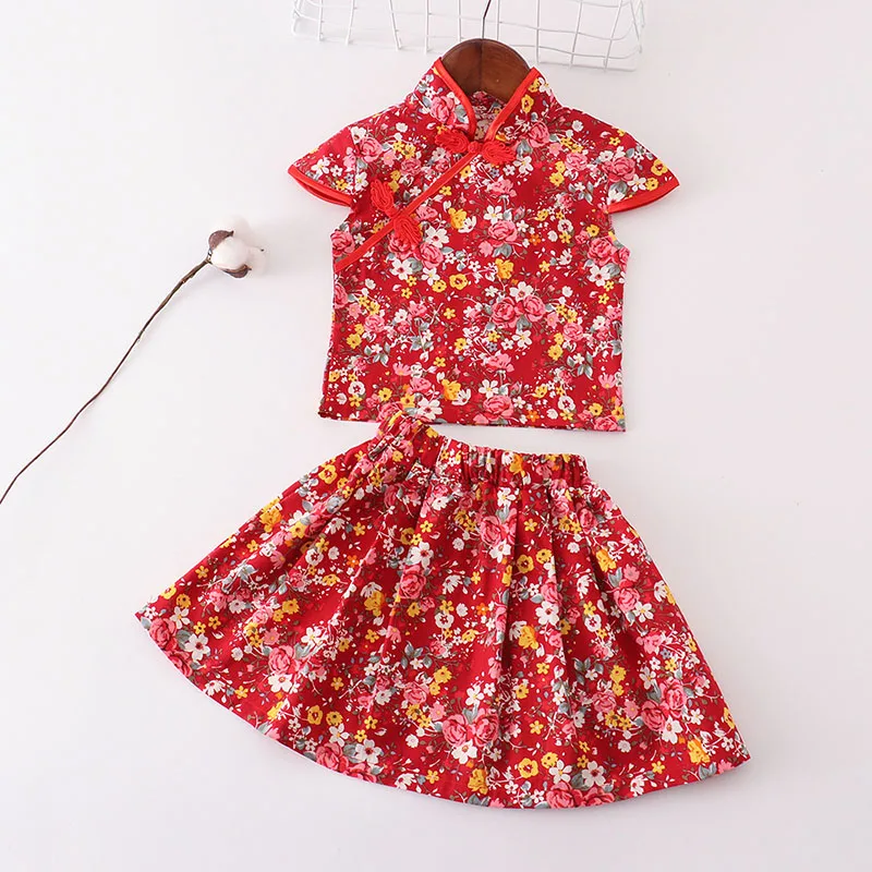 Chinese Style Kid Girl Clothes Qipao Tops+Skirt 2Pcs Suit Toddler Perform Outfit Infant Birthday Party Cheongsam Costume A1313