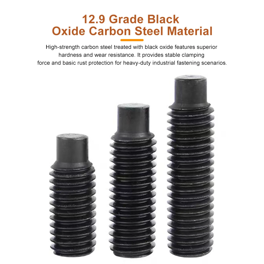 Black Carbon Steel Hexagon Socket Set Screw with Dog Point M2.5 M3 M4 M5M6 M8 M10 M12 Dog Point Grub Convex Headless Bolt DIN915