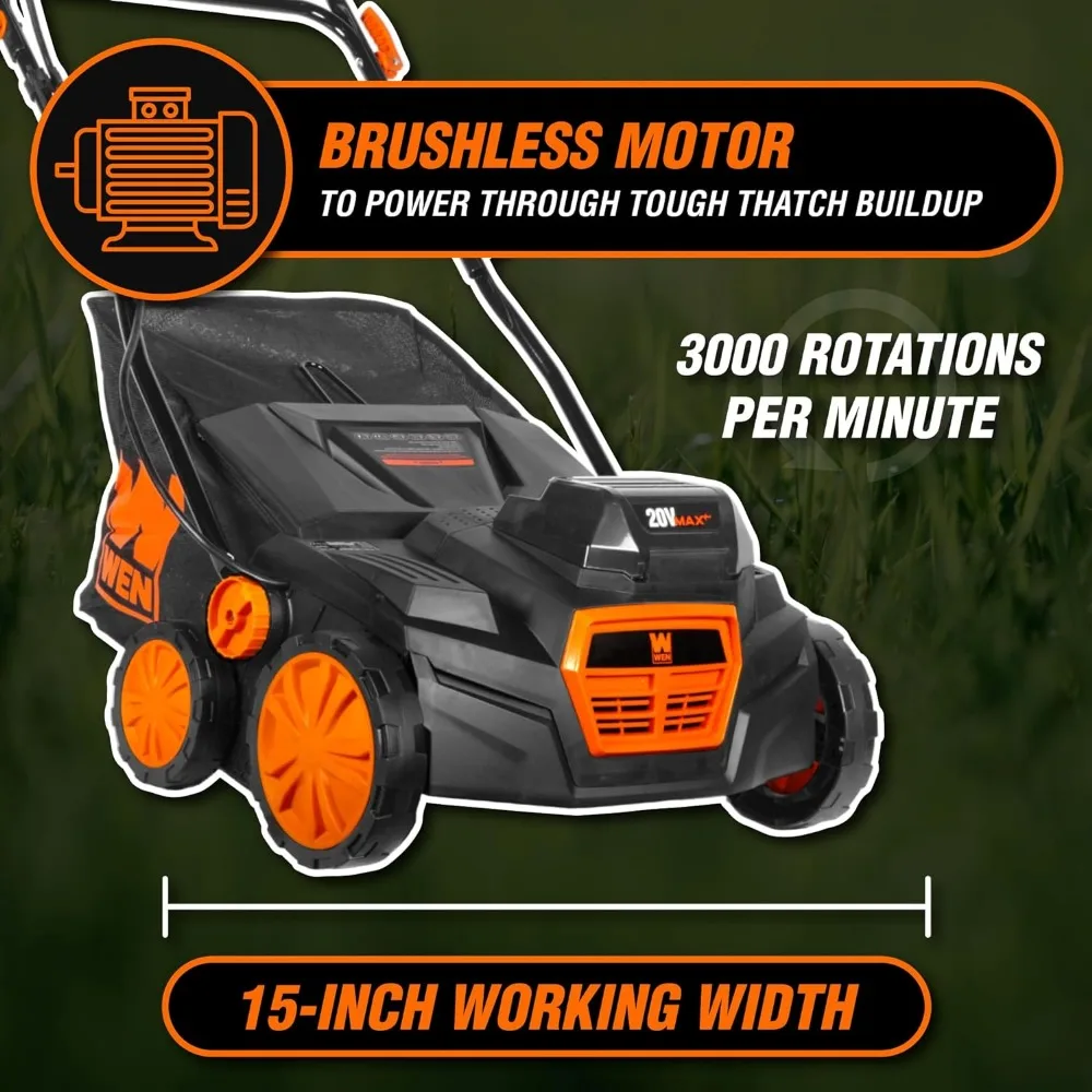 20V Max Cordless Brushless Electric Dethatcher and Scarifier, 15-Inch 2-in-1 with Collection Bag (20716)