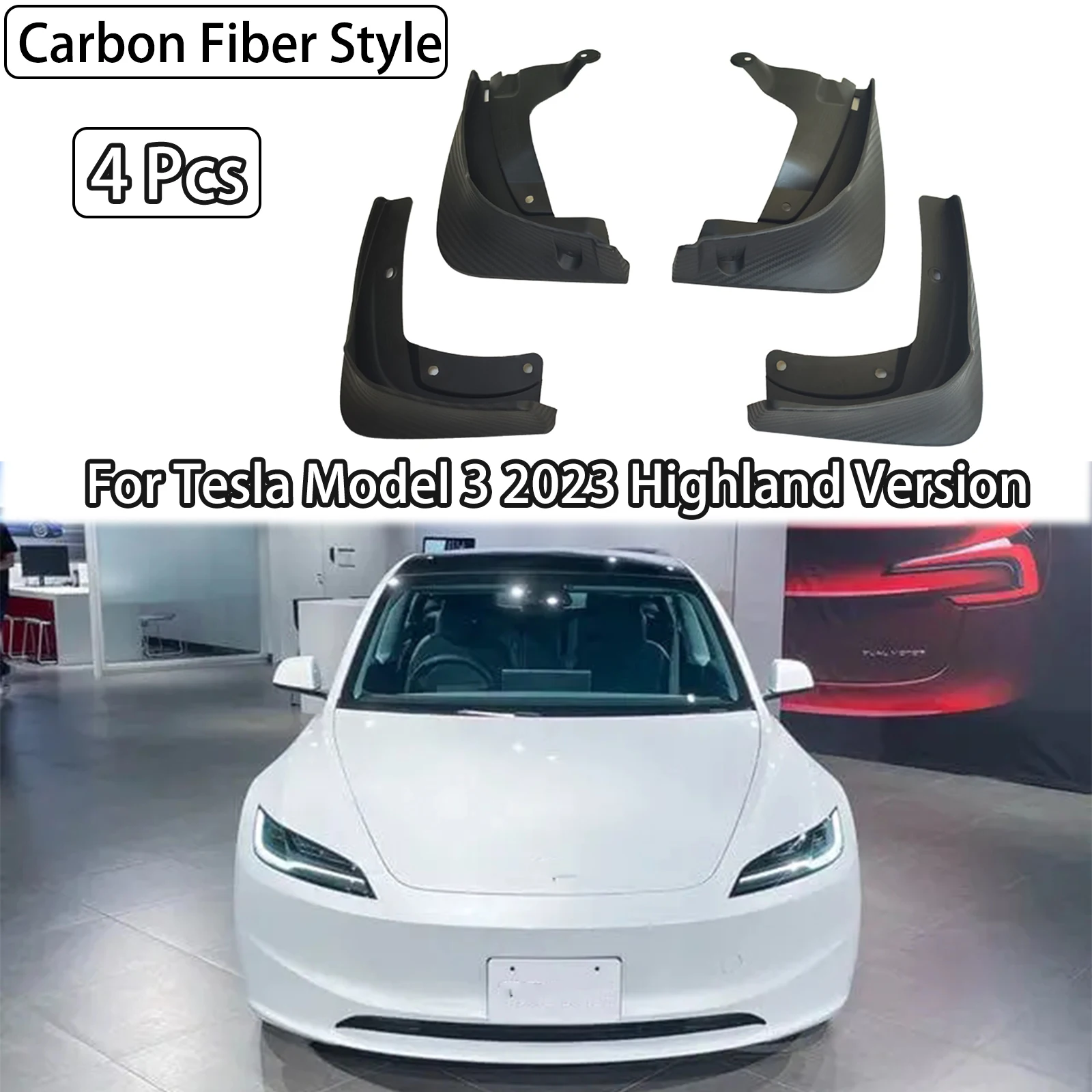 For Tesla Model 3 2023-2024 Highland 4Pcs Mud Guard Flaps Cabon Fiber Style Fender Protector Anti-Sand Splash Fender Accessories