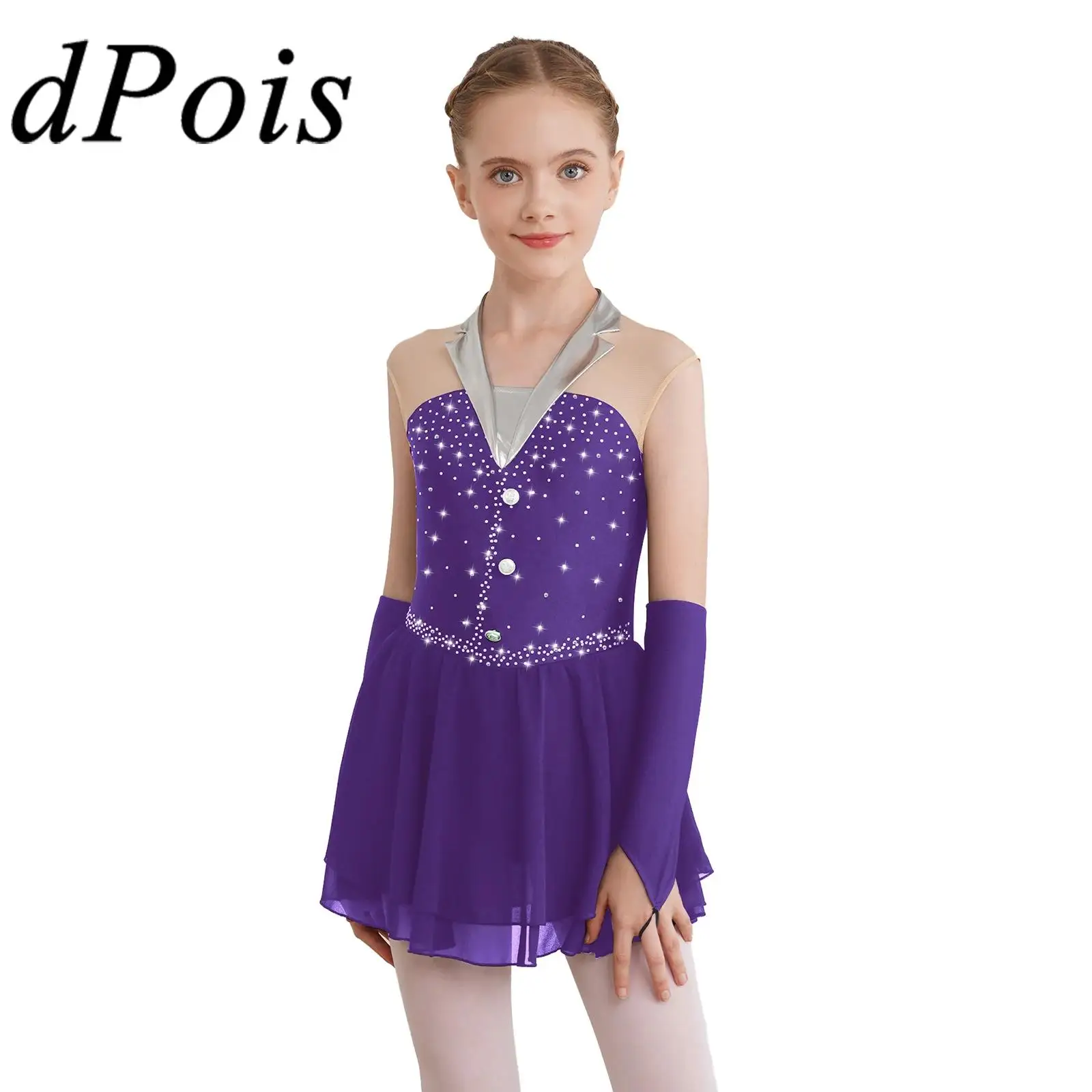 

Kids Girls Shiny Costumes for Dancing Skating Lyrical Dance Dress with Fingerless Gloves Children Latin Cha-cha Stage Dancewear