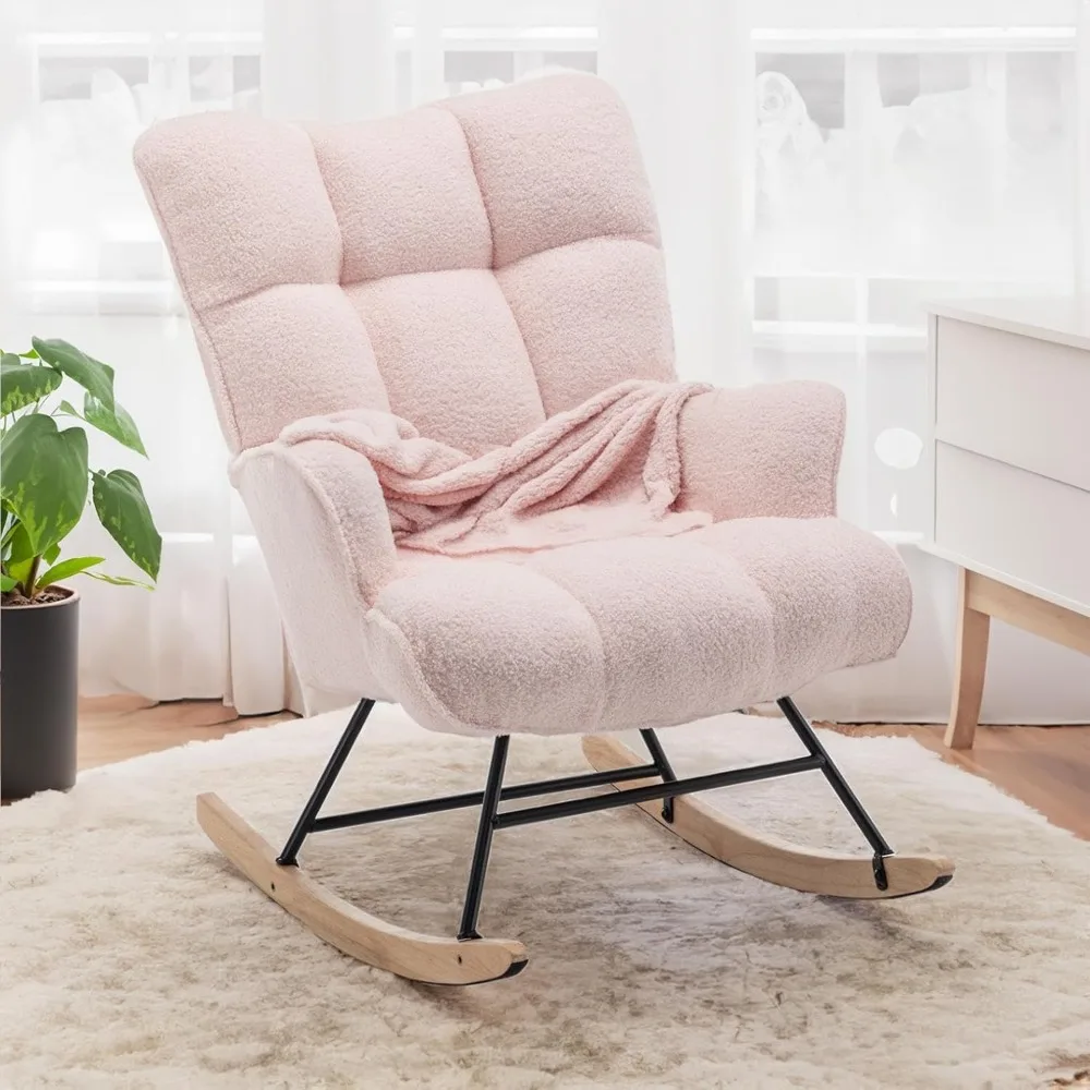 Rocking Chair Nursery Teddy, Upholstered Baby Fluffy Glider Rocker for Adults Small Spaces Indoor, Sherpa Compact Nursing Chairs