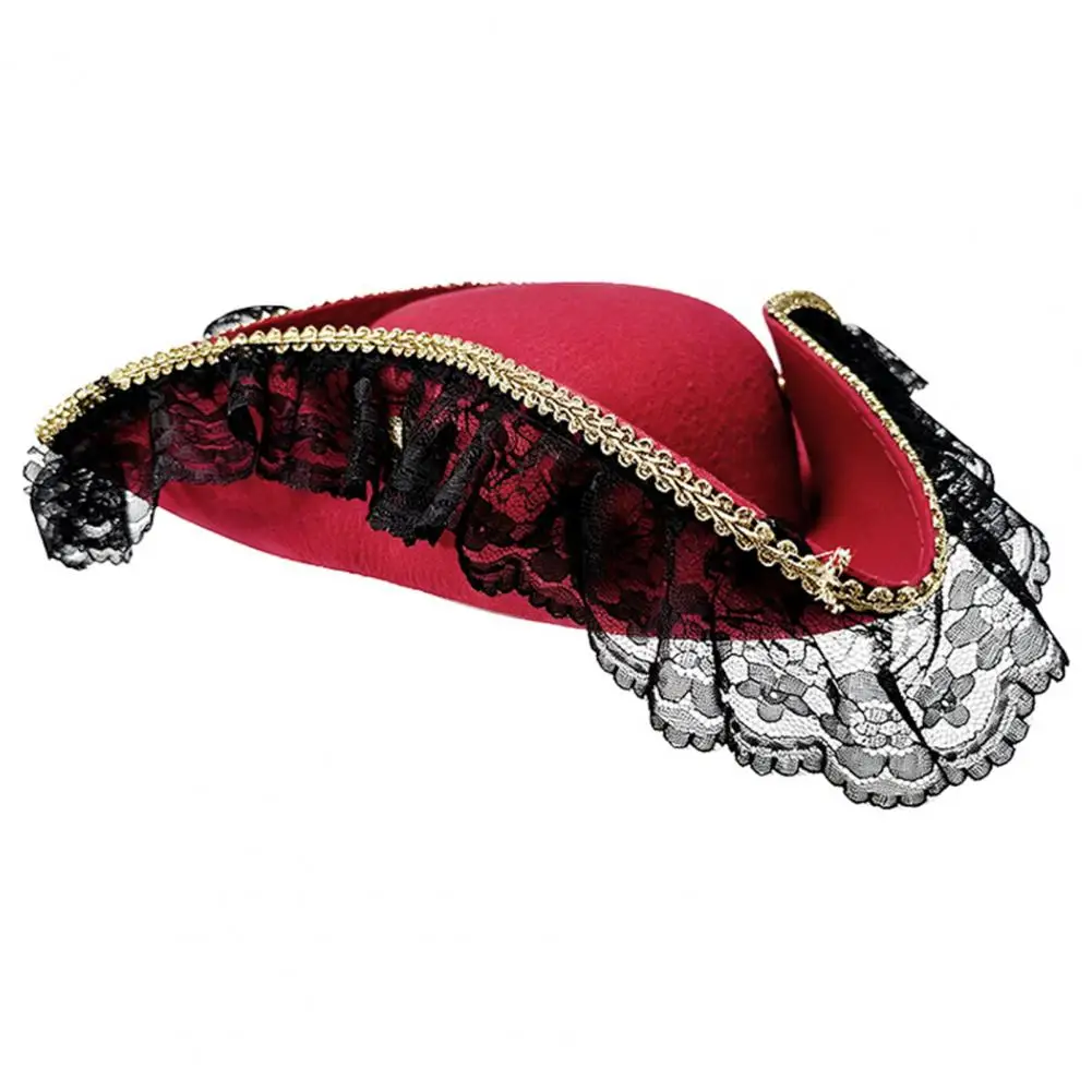 Captain Hat Halloween Pirate Hat with Burgundy Lace Feathered Buccaneer Cap Vintage Captain Costume Accessory for Women Retro