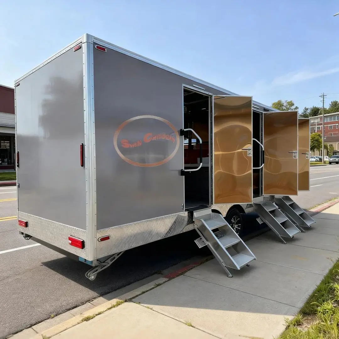 

Outdoor Mobile Toilet Gray Trailer Design with Multiple Independent Bathroom Compartments for Basic Toileting Needs