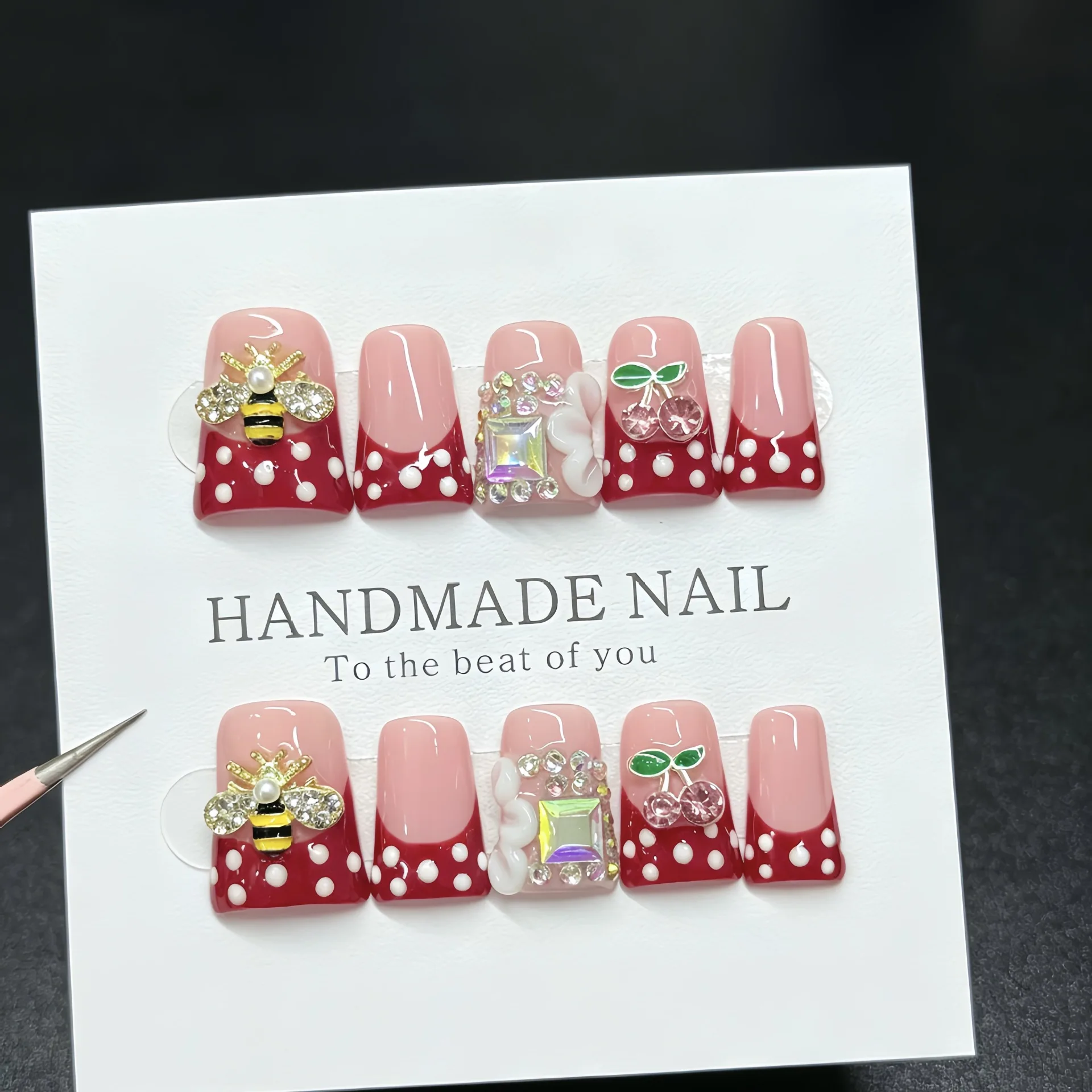 10pcs high-end Cute cartoon style, hand-drawn three-dimensional little bees, cherries, and tiny diamonds handmade fake nails