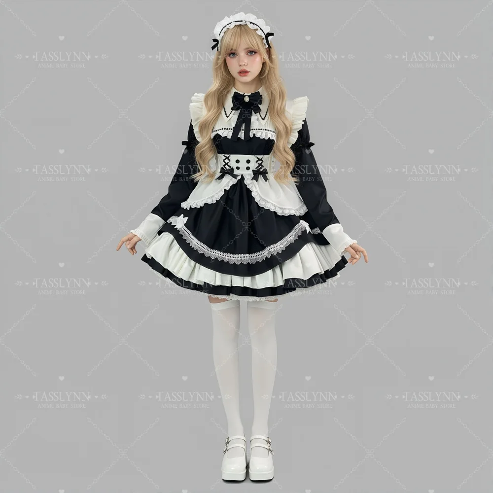 

Женский готический костюм горничной в стиле Лолита, черно-белое платье с рюшами и длинными рукавами, милый наряд горничной в стиле Лолита для Хэллоуина