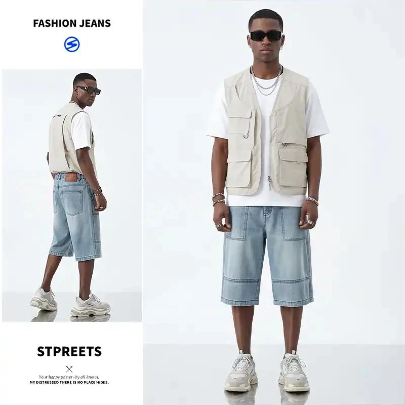 

Мужские летние джинсовые шорты 2026: модные, легкие, тонкие, в японском стиле, свободные, до колена, повседневные, трендовые