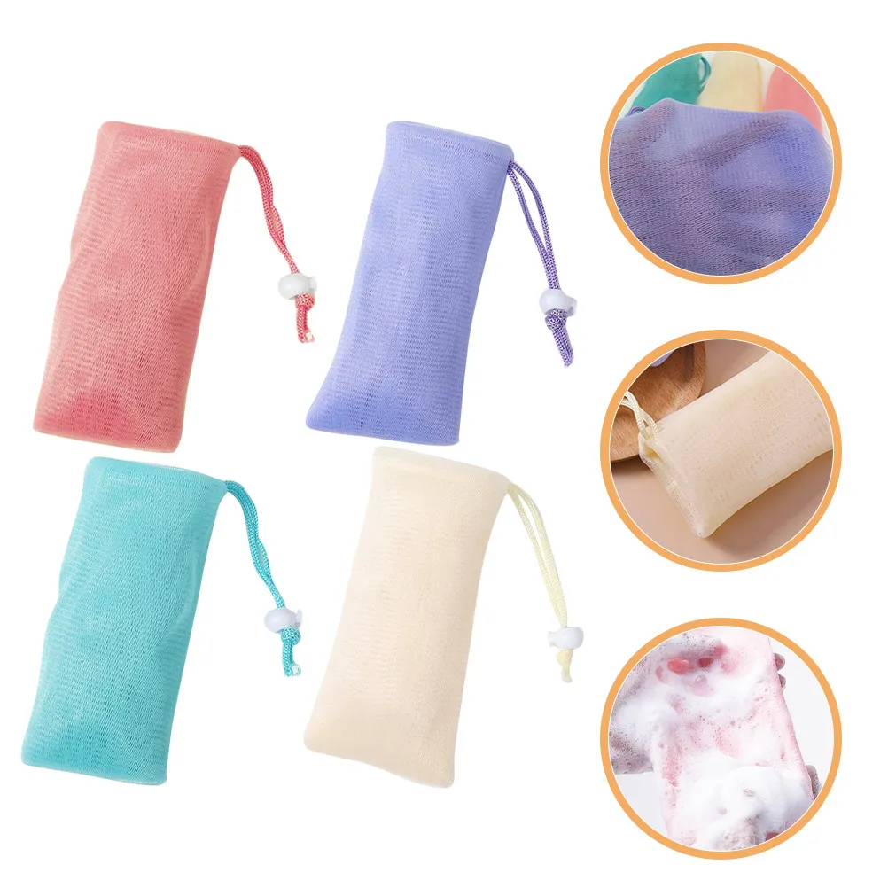 4 Pcs Portable Soap Foaming Net Bag Outdoor Exfoliating Pouch with Drawstring PE Bar