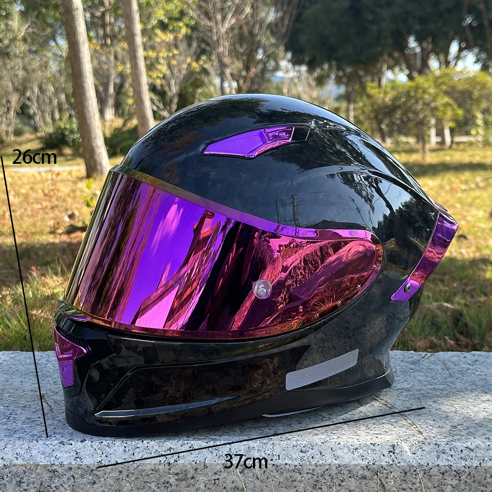 Carbon Fiber Helmet with 12K Textured Dark Pattern, Stylish and Fashionable Glossy Rose Red Color Contrast, Lightweight Carbon Fiber Material Motorcycle Helmet for Men, Large Size Full-Face Helmet with Large Rear Wing, Paired with Red Visor, Removable Inner Lining, Unisex, Suitable for All Seasons