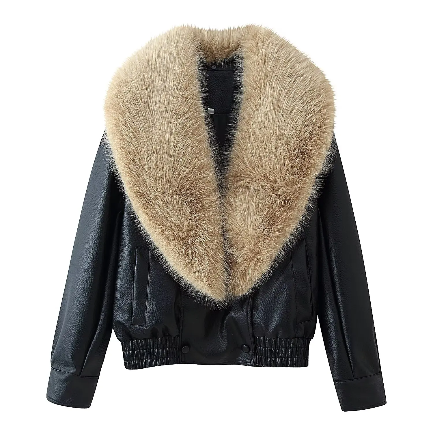 Jaqueta Feminina Solta de Couro Sintético Outono Inverno Nova Moda Feminina Casaco Casual com Gola Grande de Pelo Estilo High Street Transpassado