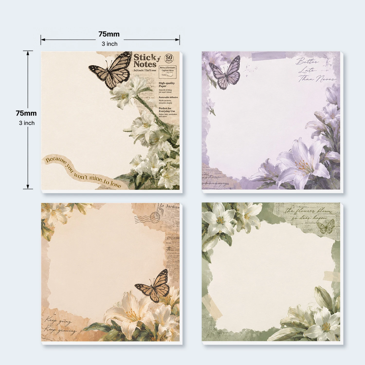 4PCS Floral Butterfly Self Adhesive Sticky Notes 200 Sheets Lily Flower Botanical Collage Memo Pads Elegant Nature Office School