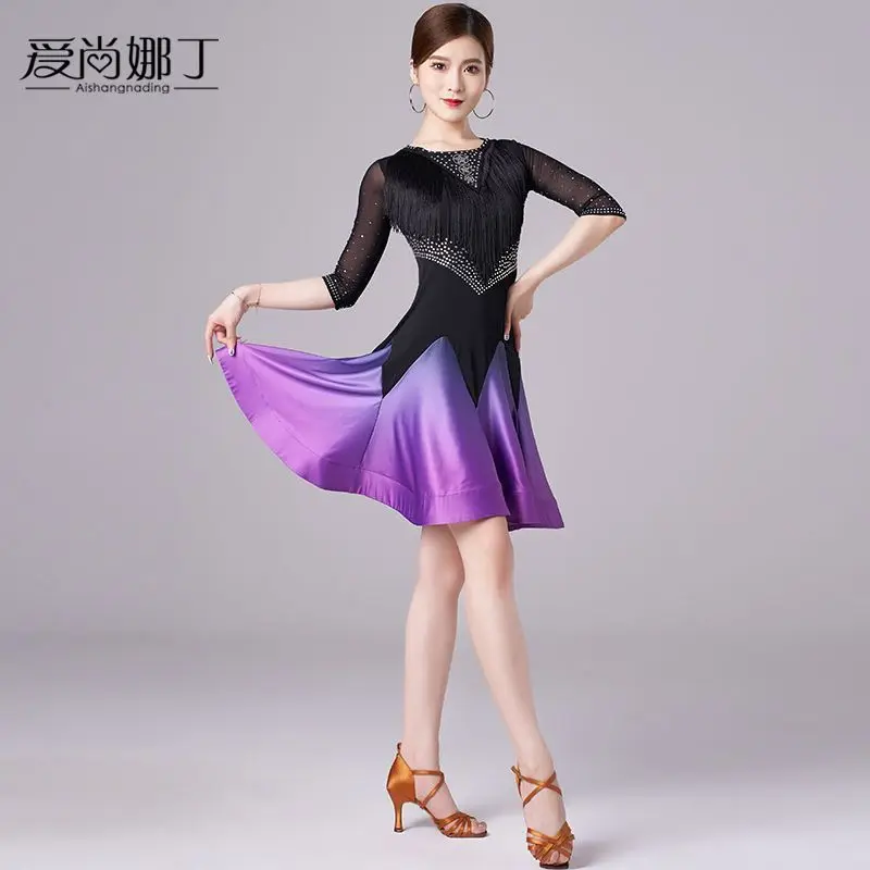 Latin Dance Skirt New Professional Performance Costume Female Adult Competition New Hot Diamond Gradient Tassel Dress