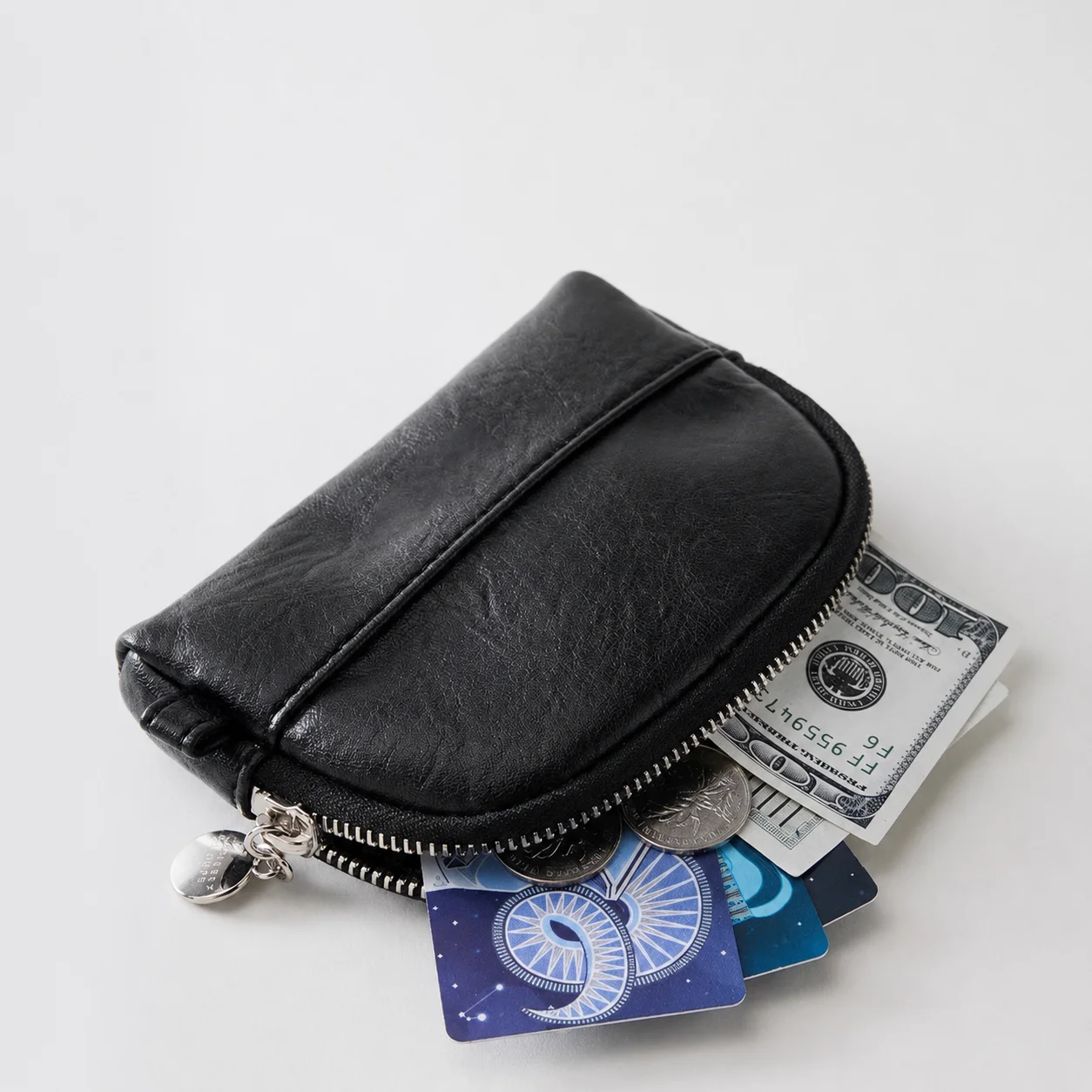 Metallic Textured Shell Shape Mini Coin Purse Zipper Closure Small Wallet Silver Black