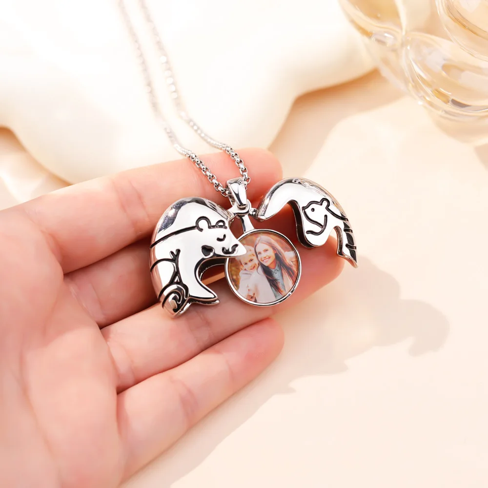 Creative Personalized Mom Necklace Open Photo Locket Custom Picture Hug Bear Heart Pendant Customized Family Memory Gift