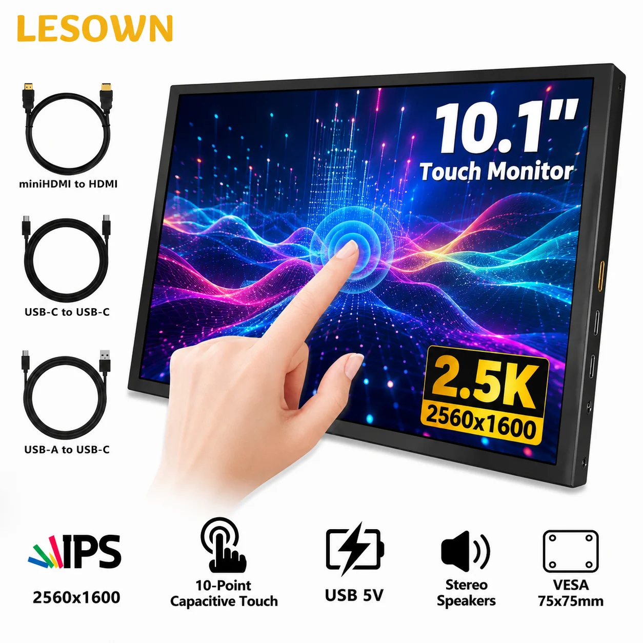 LESOWN Zero Setup Touch Sub-monitor 10.1 Inch 2.5K Dual Screen miniHDTV External Panel Plug and Play Black Laptop Display