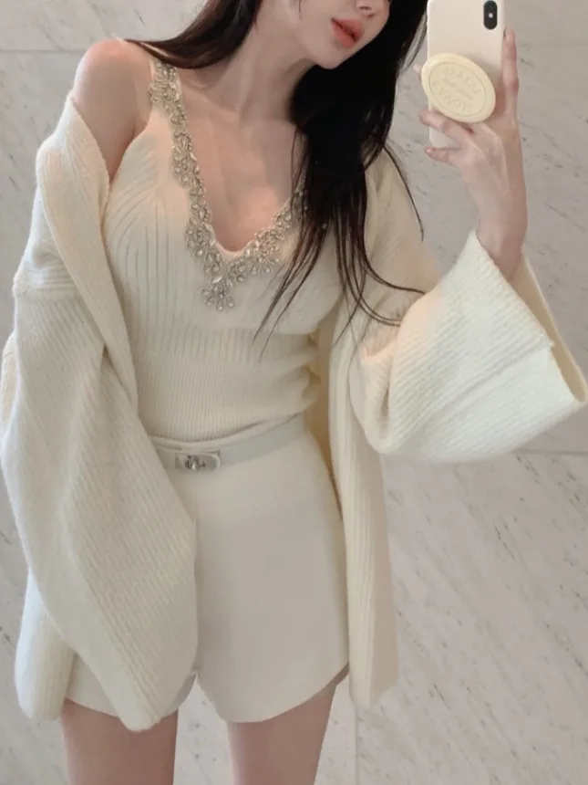 Korean Sle Sexy Sequin Strap Vest Women's Inner Knitted Cardigan Coat Autumn Two-Piece Set Faionable Top And Bot Ensemble