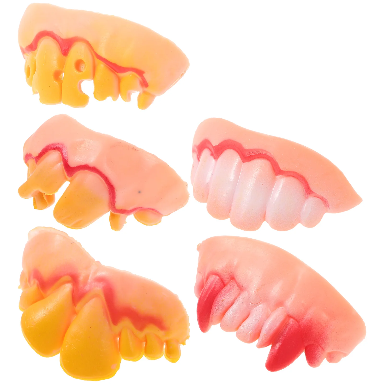 5 pçs engraçado maluco dentes artificiais adereços de dentes falsos para halloween páscoa masquerade durável plástico formas aleatórias incluídas