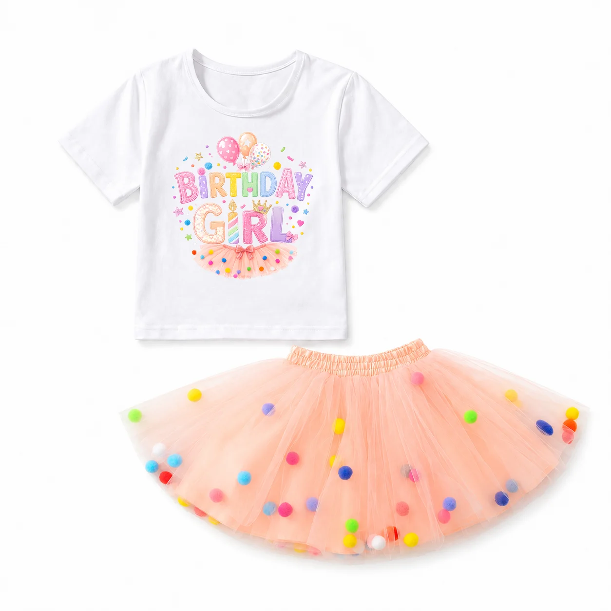 Toddler Girls Birthday Girl Outfit Set Colorful Pom Pom Peach Tulle Tutu Skirt Short Sleeve Print T-shirt Kids Birthday Party Ca