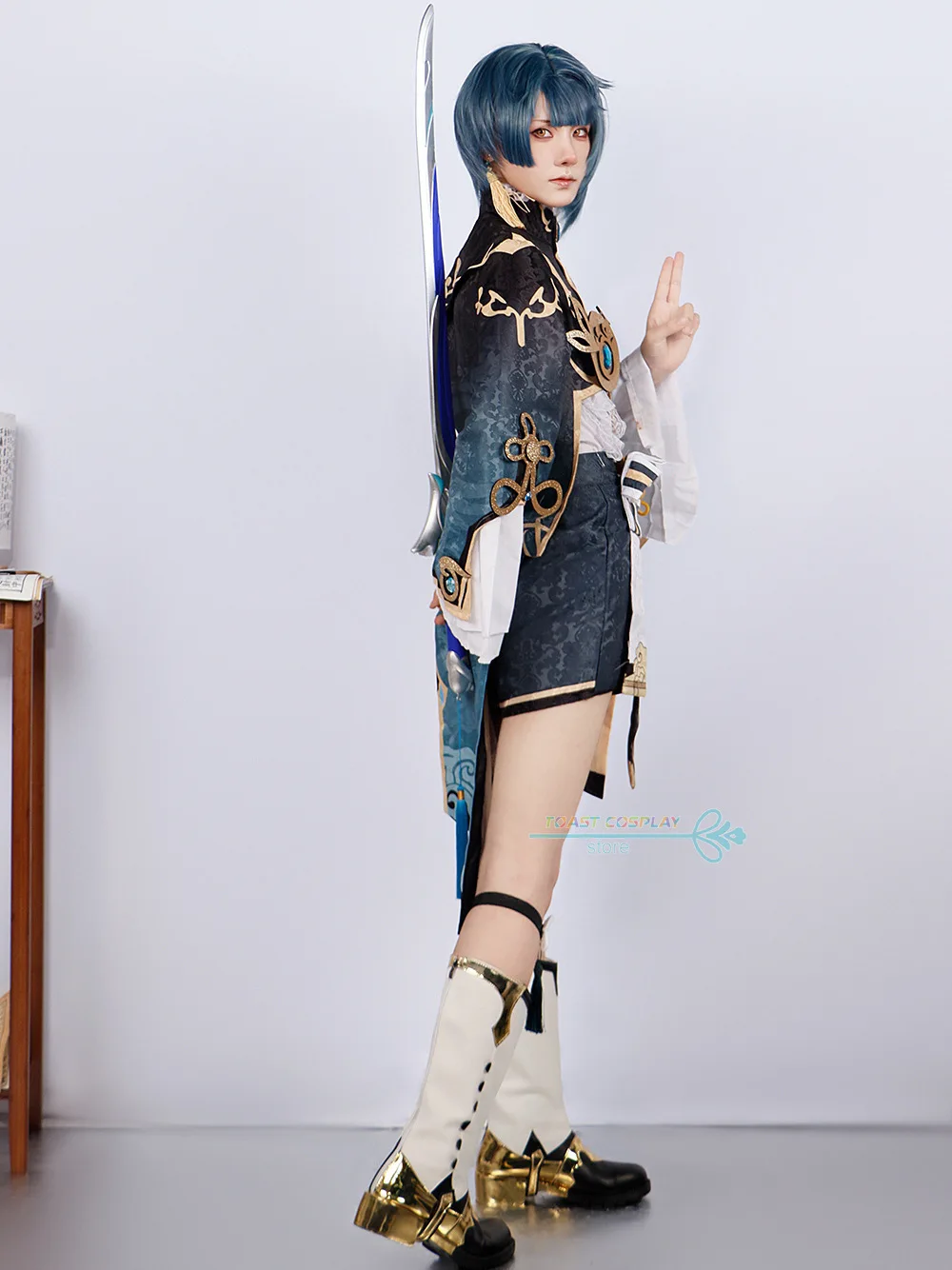 Xingqiu-genimpact shinxingqiuのコスプレ衣装,かつらと靴,完全なアニメのコスプレ衣装,パーティースーツ,子供向け