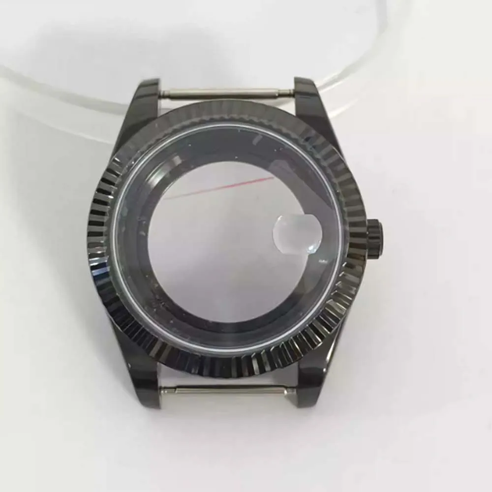 41mm Electroplated Black Rose Gold Watch Case Transparent Bottom Sapphire Crystal Fluted Bezel for 8285 Movement Modifying Parts