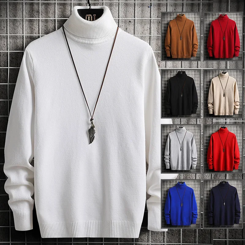 

Men Pullovers Knitted Sweaters Turtleneck Solid Tops Thick Casual Full Sleeve Top Knit Splice Sweater Slim Fit Autumn Winter