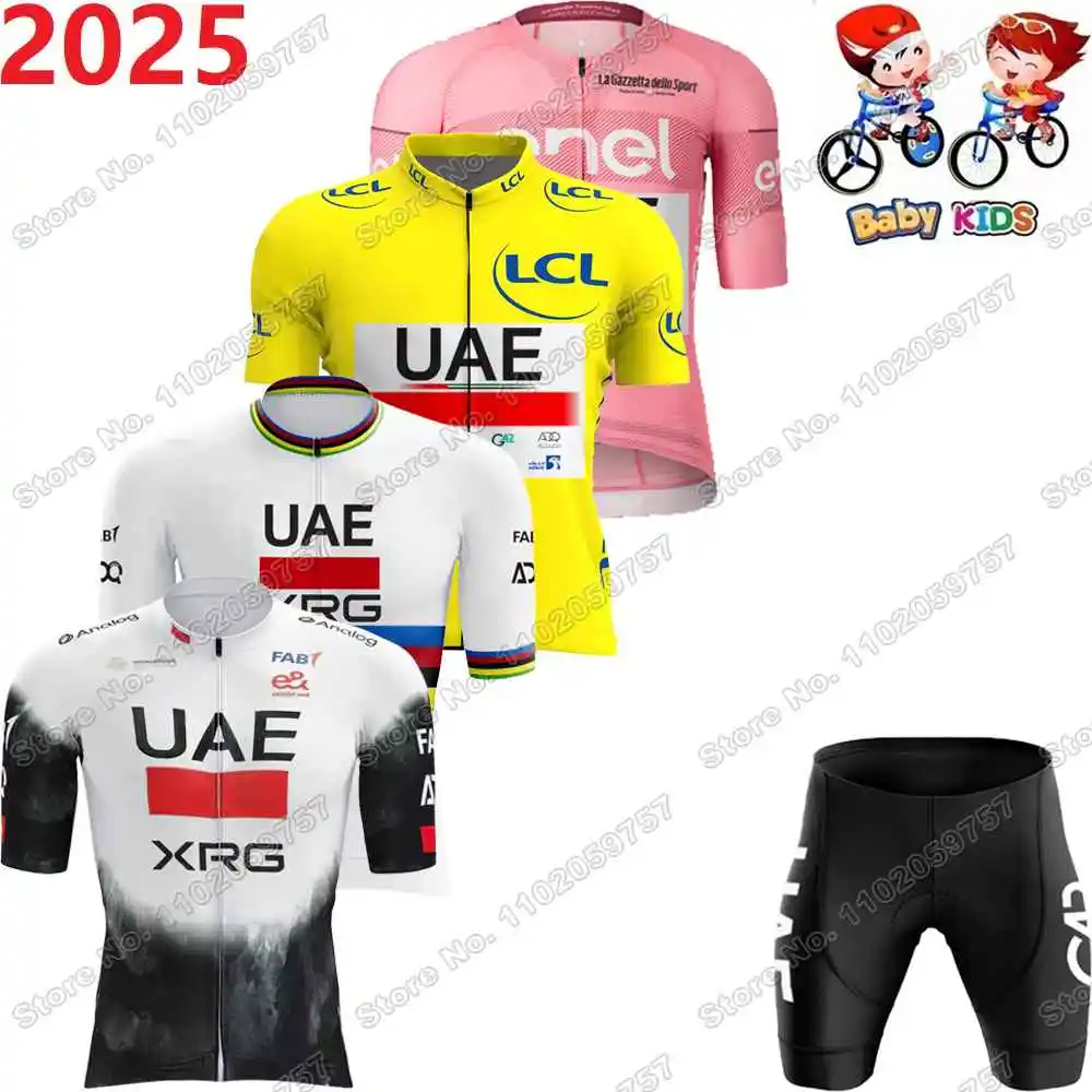 2025 Kids UAE Team Cycling Jersey Set Boys Girls France TDF Cycling Clothing White Yellow Tadej Pogacar Children Road Bike Shirt